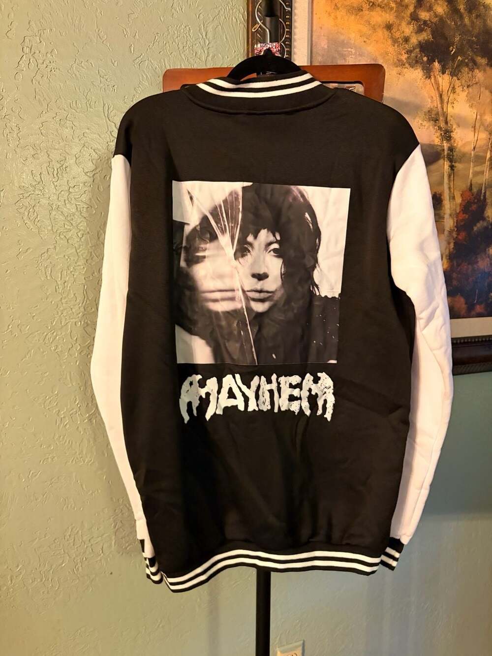 Mayhem Graphic Print Black and White Varsity Bomber Jacket